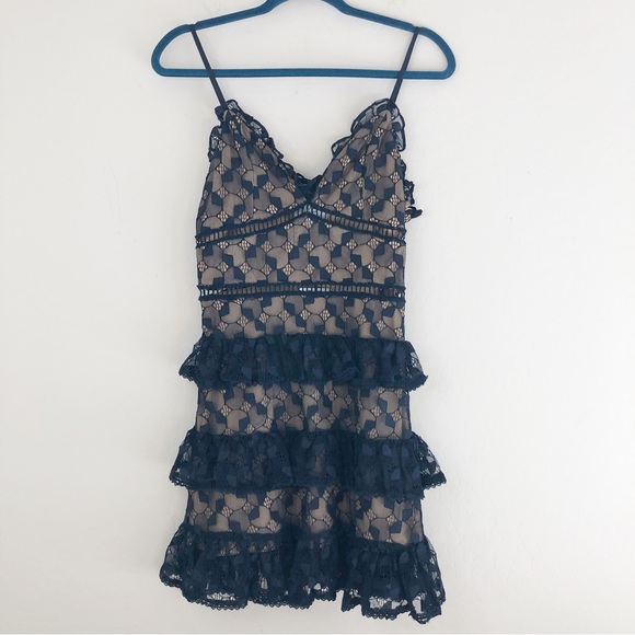 J.O.A Navy Blue Nude Lace Tiered Skirt Dress size Small - Picture 2 of 10